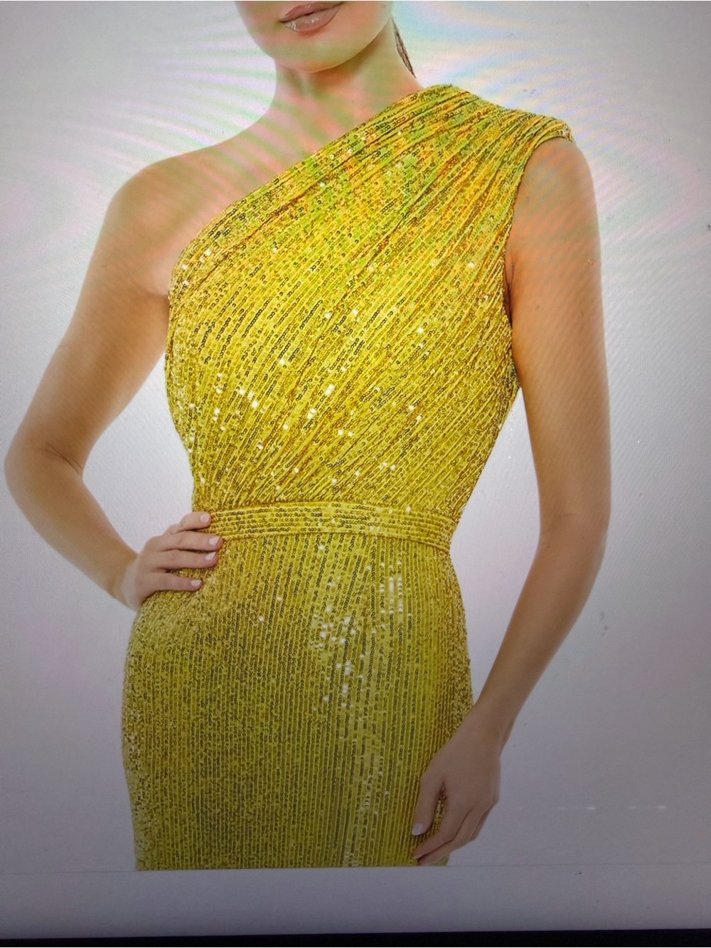 Mac Duggal One-Shoulder Yellow Sequin Evening Gown - Picture 6 of 6